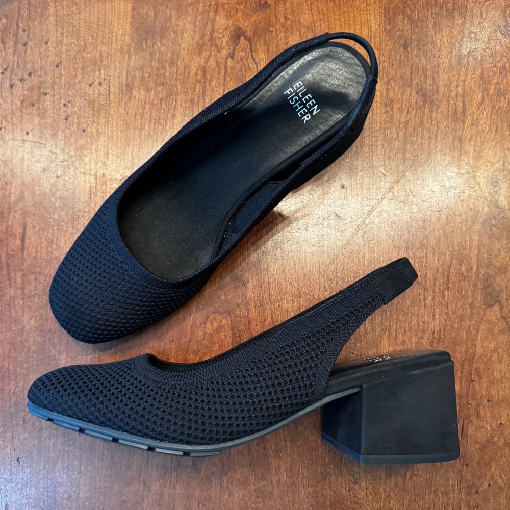 Eileen Fisher Pump Women 8.5 Black Stretch Knit Square Toe Slingback Block Heel